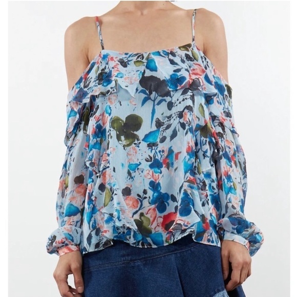 Tanya Taylor watercolor daisy cold shoulder spaghetti strap ruffle floral top - Picture 1 of 7